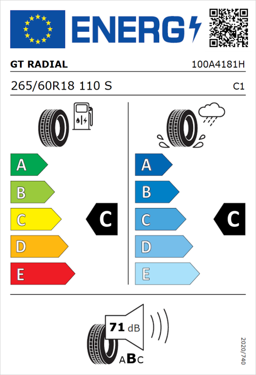 Tyre Label for GT Radial AT71 265/60R18 110S